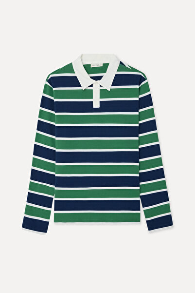 Mudo Men's Navy Blue Striped Comfort Fit Polo Collar Sweatshirt