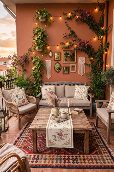 Cango Home Vintage Çiçek Motifli Desenli Dekoratif 4'lü Kırlent Kılıfı 1 Runner Seti 4kmbs343-RS