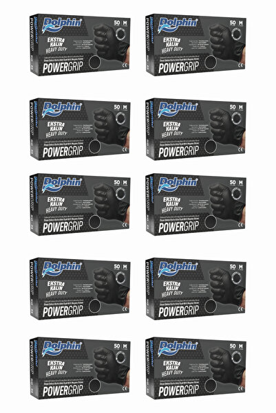 Dolphin PowerGrip Nitril Eldiven Ekstra Kalın Siyah M Beden 50 Adet x 10 Paket