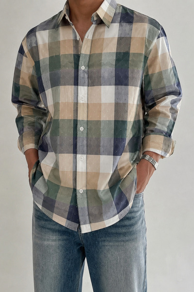 Tarz Cool Men's Plaid Patterned Oxford Regular Fit Long Sleeve Shirt