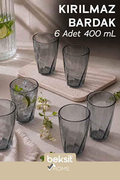 BEKSİT HOME Glassy Kırılmaz Polikarbon 6'lı Bardak Antrasit (400 ml)