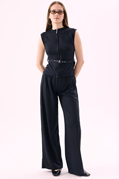 CrepTekstil Crep Women's Thin Diving Fabric Zippered Belted Vest and Wide Leg...
