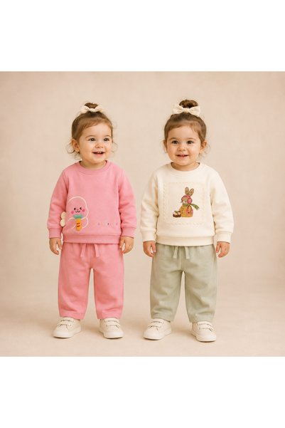BENBİLGE Baby Girl 2-Piece Gabardine Pants Set Cotton Pink Green Elastic Waist