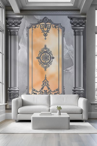 MİRAZAWALL Mermer Dokulu, Sütunlu ve Turuncu Panelli Klasik 3D Duvar Çıtası v...