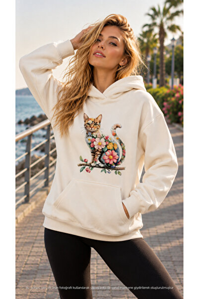 caddekombin Women's Floral Patterned Cat Printed Hooded Kangaroo Pocket Cotto...