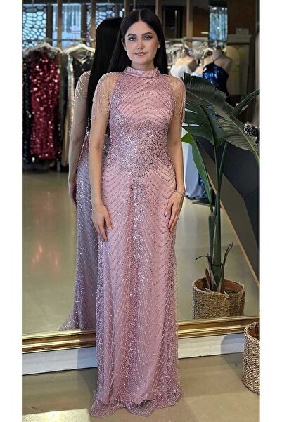 Abiyeniall Pembe Halter Yaka Boncuk İşlemeli Düz Kesim Pullu Boncuklu Uzun Ab...
