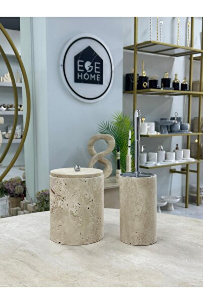 ege gross Decorative Natural Travertine Marble Trash Can / Brushed Silver Bat...