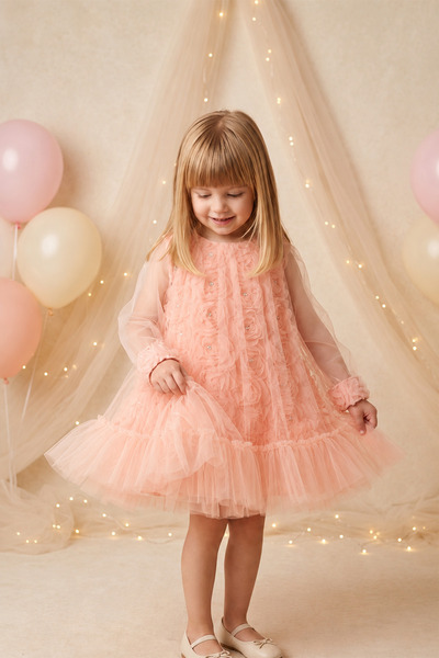 ALYRA Girls' Evening Dress 3D Rose Floral Tulle Long Sleeve Baby Birthday Dre...