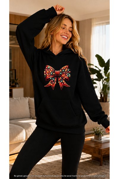 caddekombin Women's Lighted Ribbon Printed Hooded Kangaroo Pocket Cotton Casu...