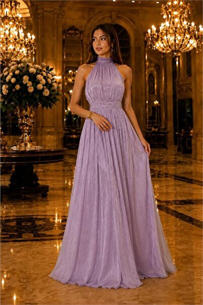 Neşeli Butik kadın lila halter yaka janjan kumaş premium abiye elbise NBMY4128