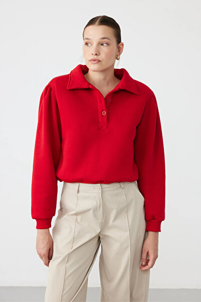FACETTE Polo Yaka Zıbınlı Sweatshirt Kırmızı