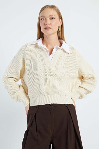 Fulla Moda Hair Braid Patterned Shirt Collar Knitwear Sweater
