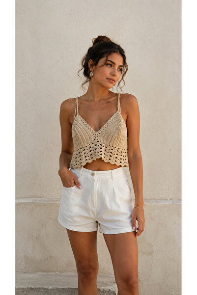 Butik El örgüsü askılı crop bluz