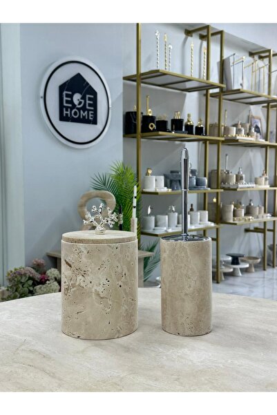 ege gross Decorative Natural Travertine Marble Trash Can / Brushed Silver Bat...