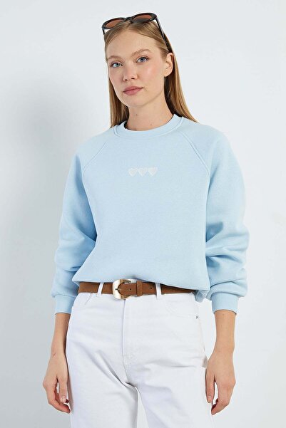 Fulla Moda 3 Thread Heart Embroidered O Oversized Sweatshirt