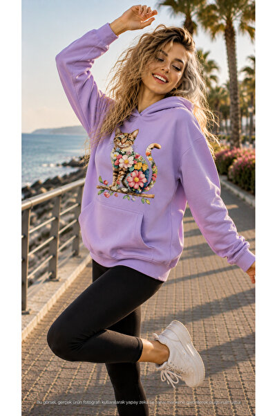caddekombin Women's Floral Patterned Cat Printed Hooded Kangaroo Pocket Cotto...