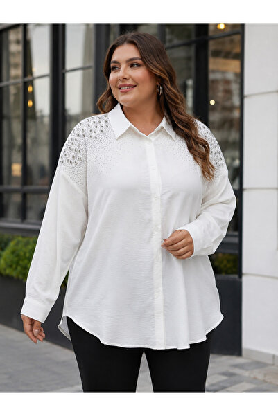 as so Plus Size Stone Embellished Women's Shirt with Shoulder Detail and Butt...