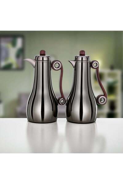 Almarjan 2 Pieces Vacuum Flask Set, Gun Black & Dark Wood