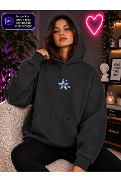 caddekombin Women's Minimal Starfish Printed Hooded Kangaroo Pocket Cotton Ca...