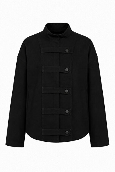 Mixray 2224 Women's Gabardine Judge Collar Striped Buttoned Jacket Black