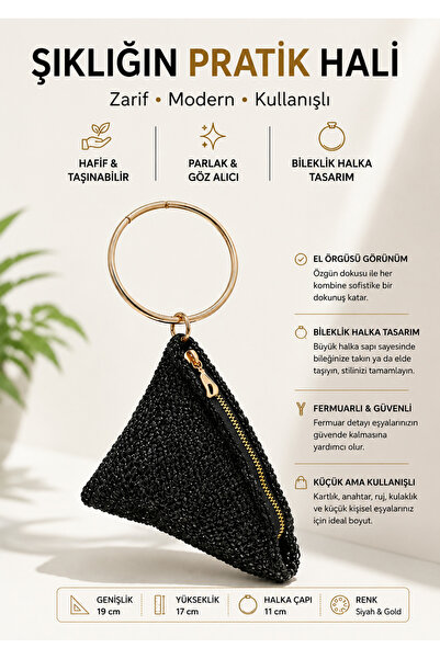 Siyah El Örgüsü Kadın Bileklik Çanta Gold Halka Saplı Fermuarlı Mini El Çantası Şık Davet Çantası
