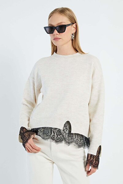 Fulla Moda Crew Neck Knit Sweater with Lace on Sleeves and Hem