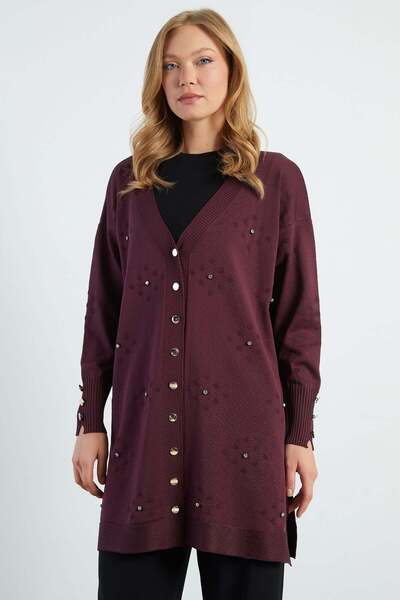 Fulla Moda Stone Embroidered V-Neck Knitwear Cardigan