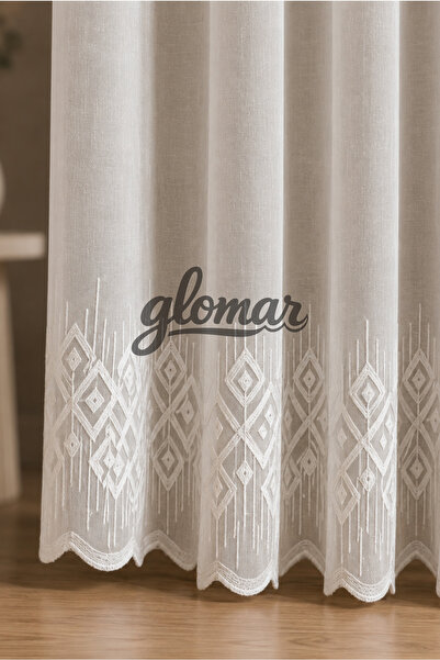 GLOMAR Perdea din tul cu model brodat cu romburi, TTM, cu gramaj mare, pliuri...