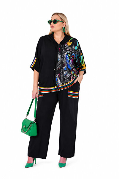DARKWIN Plus Size Oversized Hooded Graphic Printed Colorful Stripe Detailed C...