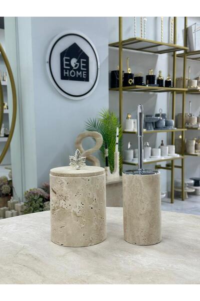 ege gross Decorative Natural Travertine Marble Trash Can / Brushed Silver Bat...