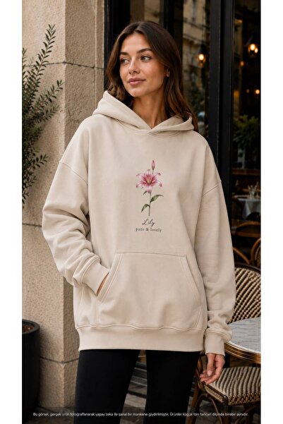 caddekombin Women's Lily Flower Printed Hooded Kangaroo Pocket Cotton Casual ...