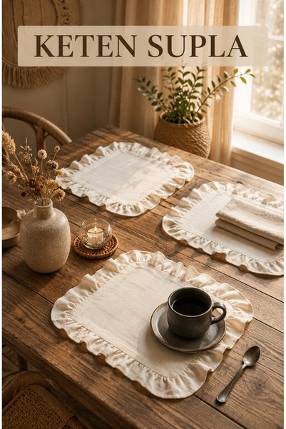 SADEN HOME Cotton Linen Floral Square 6-Piece Placemat, American Style 35 Cm, Beige Color