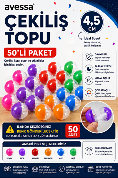 AVESSA 4,5 Cm Çekiliş Topu – 50’li Paket - Kolay Açılır - Parlak ve Dikkat Çe...