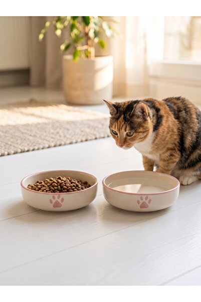 ARKHERA 2'li Set Seramik Kedi Ve Köpek Mama , Su Kabı (15Cm - 400 Ml)