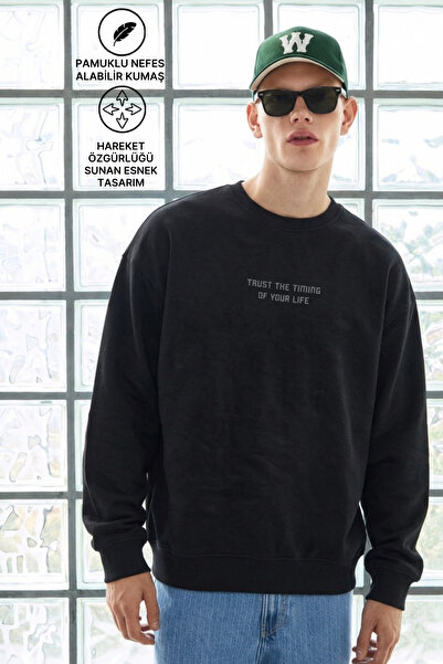 DAMGA JEANS Men's Long Sleeve Crew Neck Black Sweatshirt