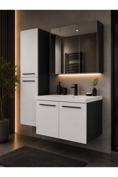 DGN 3’lü Banyo Seti – Aynalı Boy Dolaplı, Lavabo Dolabı ve Üst Dolap