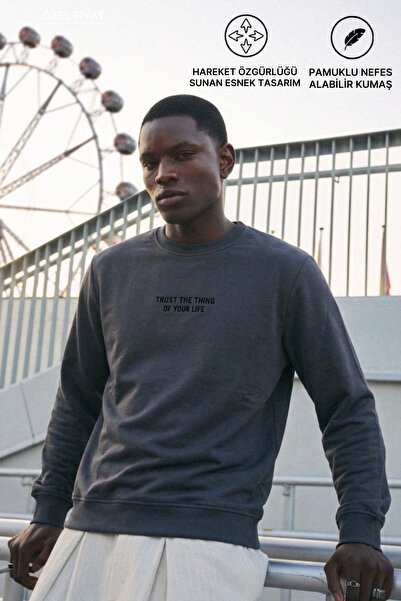 DAMGA JEANS Men's Regular Fit Printed Crew Neck Smoked Sweatshirt