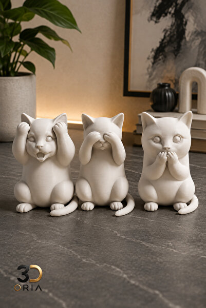 3DOria 3D Baskı 3'lü Kedi Figürü Dekoratif Masaüstü Biblo Ev Dekorasyonu Sevi...