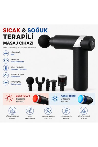 SMAYLİNG Sıcak Soğuk Terapili Şarjlı Masaj Cihazı 5 Kademeli 30W 5 Başlıklı Type-C Derin Doku Masaj Aleti