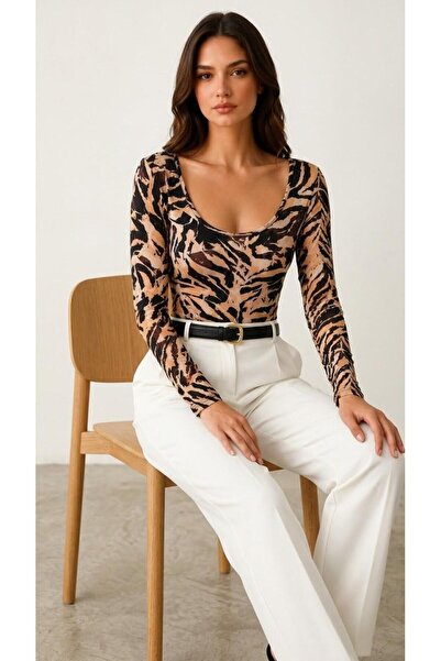ladyzey Women's Coffee Autumn U-Neck Long Sleeve Blouse