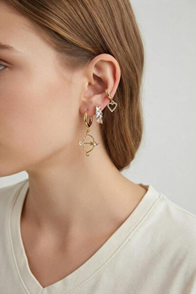 BUTİK AYVİTRİN Set of 3 Earrings in Gold Color with Eros Bow Detail