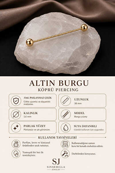 Sinsemilla Jewelry Altın Burgu Köprü Piercing 38 mm 316L Paslanmaz Çelik