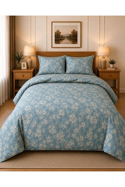 Blue Daisy Çift Kişilik %100 Pamuk Fitted Çarşaflı Nevresim Takımı