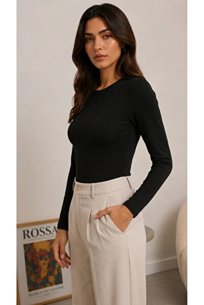 ladyzey Women's Black Crew Neck Basic Long Sleeve Soft Stretchy Fabric Blouse