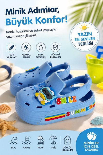 babelia Boys' Blue Figured Slippers Non-Slip Sole Lightweight Summer Beach Pool Sandals