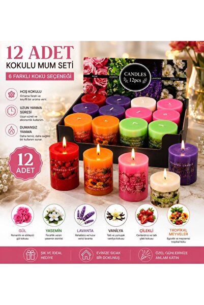 Floraglow 12’li Kokulu Mum Seti – Dekoratif Mum | 6 Farklı Koku Seçeneği