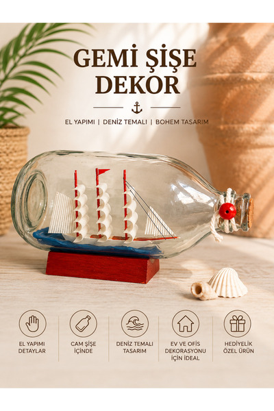 El Yapımı Gemi Şişe Dekorasyonu – Deniz Temalı Cam Şişe İçinde Yelkenli Gemi Biblo – Ev ve Ofis Dekoru