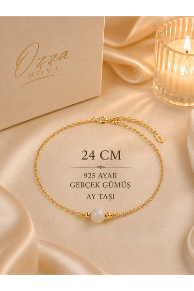 Ozza Nova 925 Ayar Gerçek Gümüş Altın kaplama Ay Taşı Halhal 24 cm Kadın Doğal Taş Minimal Zarif Halhal