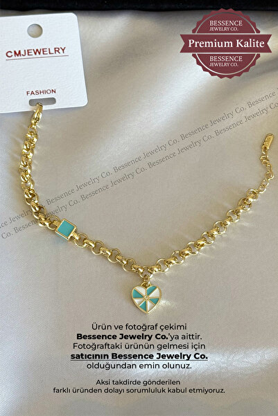 BESSENCE JEWELRY CO. CM Jew 14K Gold VIP Turkuaz Emaye Kalp Charm Model Çelik...