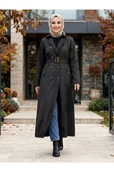 Hb Harma Time Butik Women's Buttoned Lined Belted Bondit Black Trench